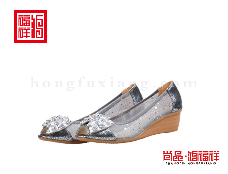 鸿福祥布鞋女鞋X251210银白鱼嘴鞋